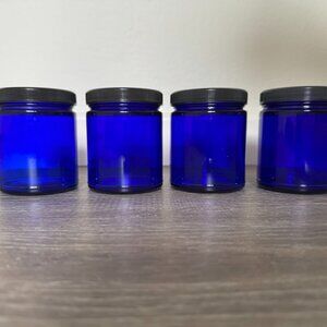 Blue Glass Jars with Black Plastic Lids | FOUR 8oz (250mL) Round Jars